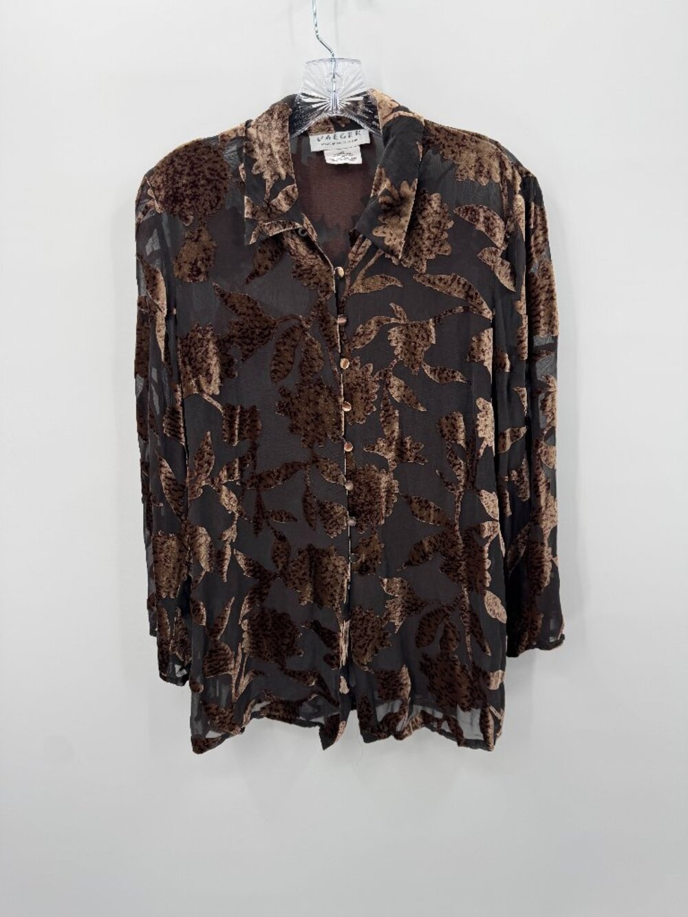 Vintage Jaeger Silk Blend Burnout Velvet Blouse Womens Medium Brown Sheer UK